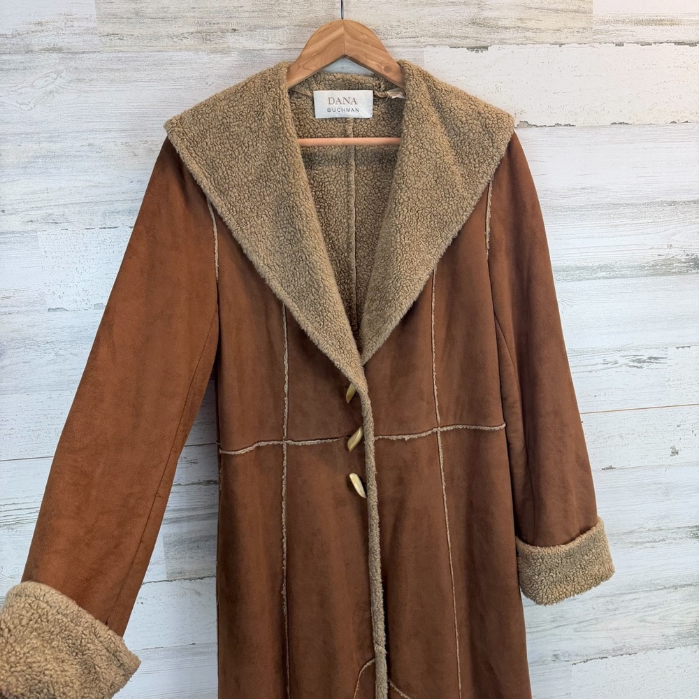 Dana Buchman Shearling Long Coat 10 Boho Rustic Toggle Faux Suede Penny Lane - Picture 6 of 15